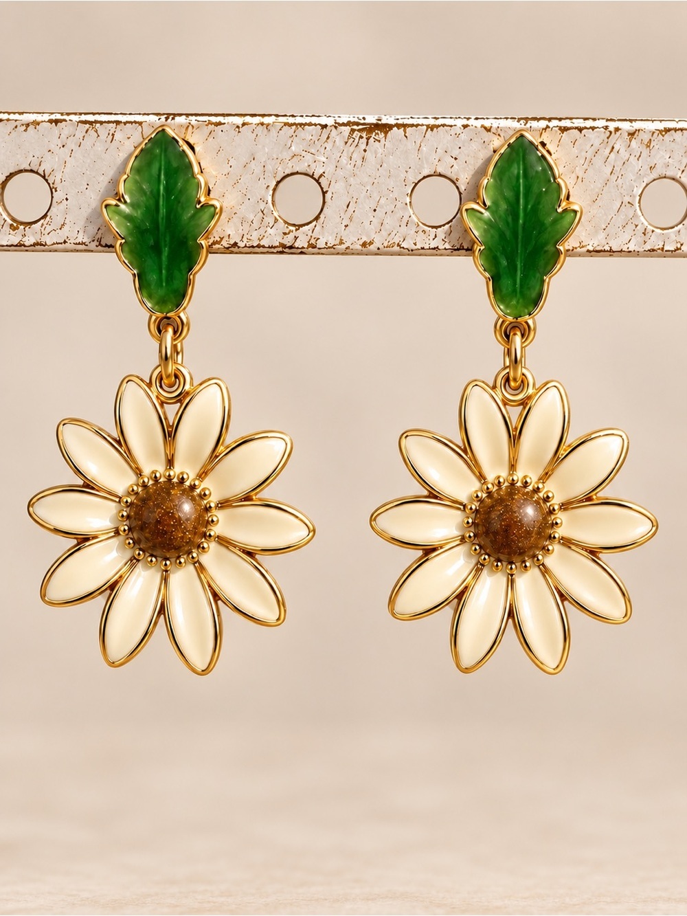 Enamel Daisy Flower Drop Earrings Gold Green Leaf